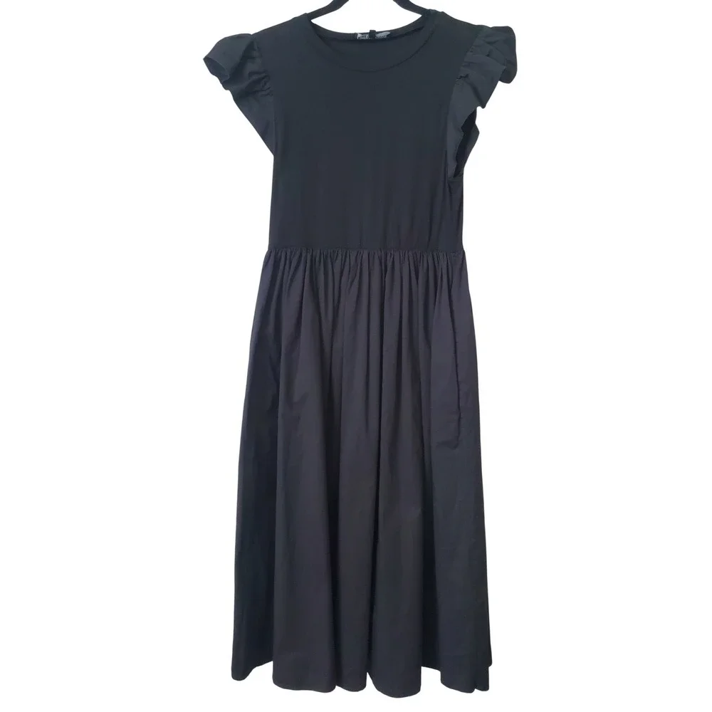 En Saison Black Sammy Ruffle Cap Sleeve Midi Dress Cotton Pockets Small‎
